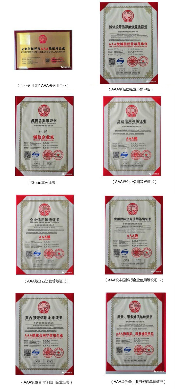 证书，，资质，，3A企业，，生长，，模具